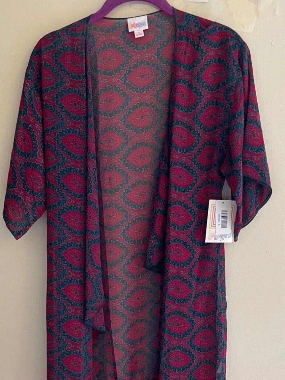 LuLaRoe Monroe Small Kimono Pink Gray Sheer Fringe NWT
